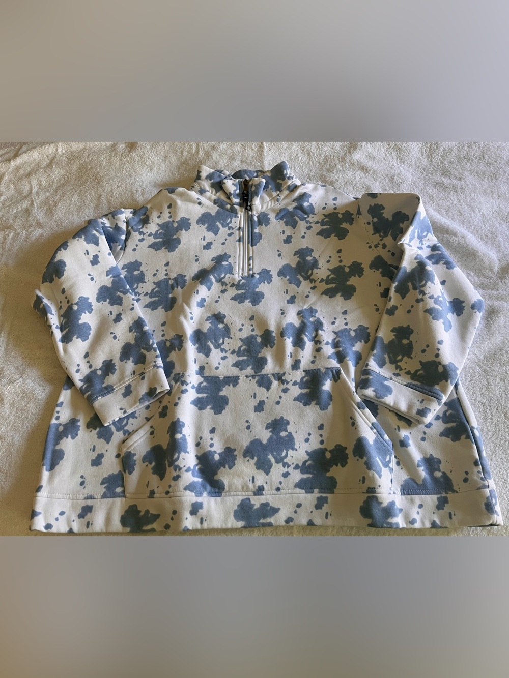 Ulla Popken White and Light Blue Tie-Dye Quarter-Zip Pullover